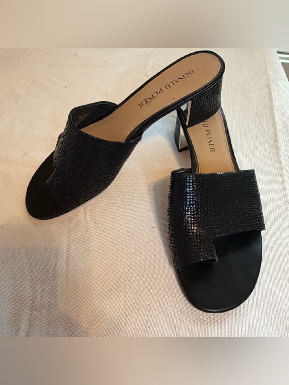 Donald J Pliner Black Textured Slide Mules with Sculpted Heel - Picture 2 of 8